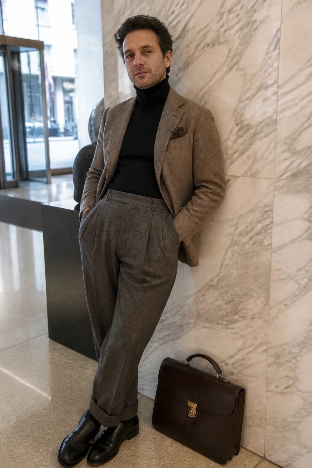 Man in brown blazer, black turtleneck, and gray trousers beside leather briefcase on marble floor