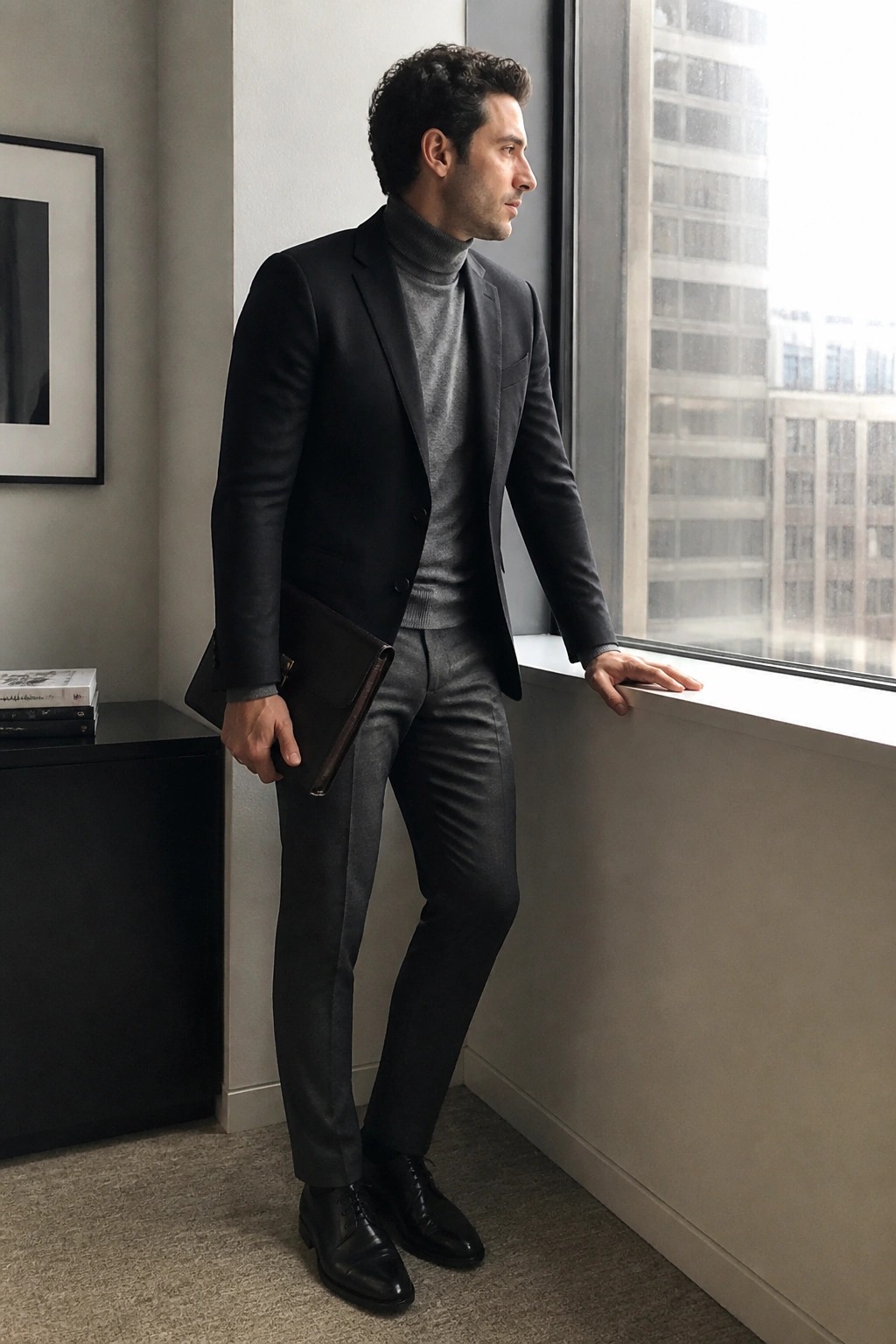 Man in black blazer over gray turtleneck holds portfolio by city window.