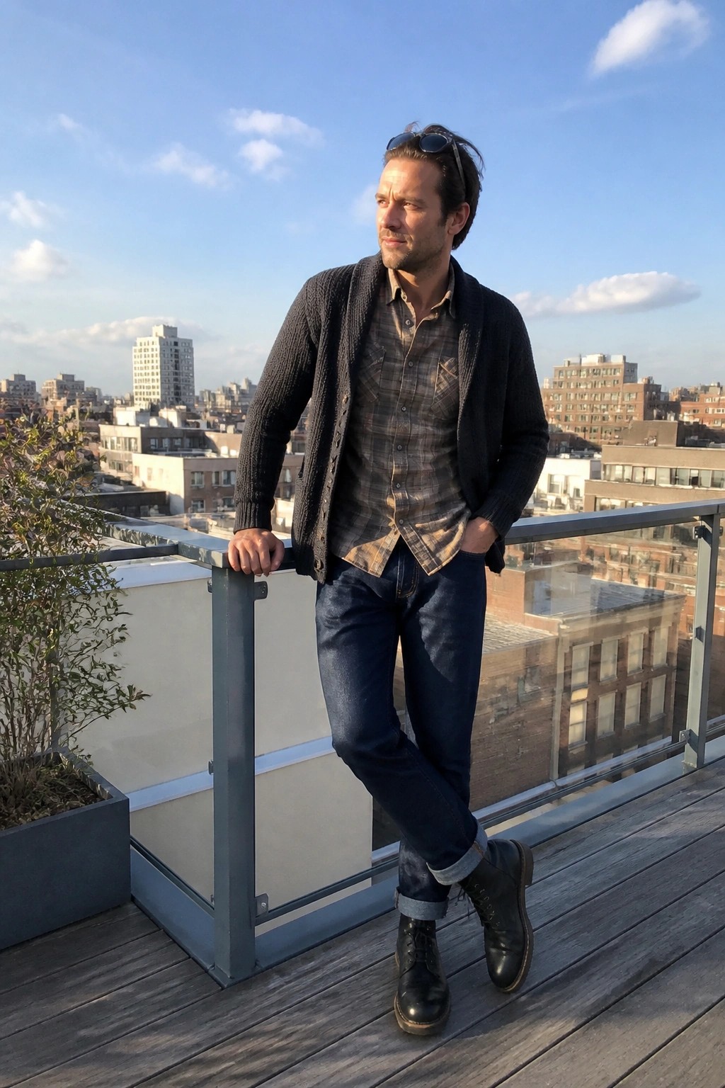 Man in plaid shirt and cardigan leaning on glass railing of sunny rooftop