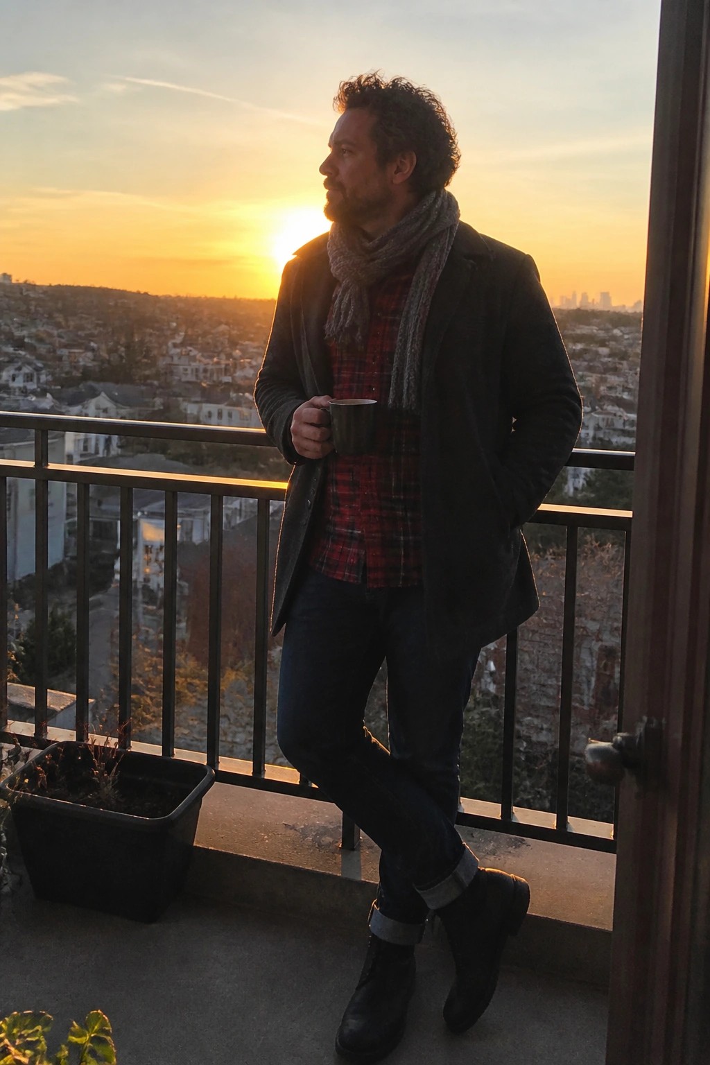 Man in red plaid shirt and dark coat holding mug on sunset balcony