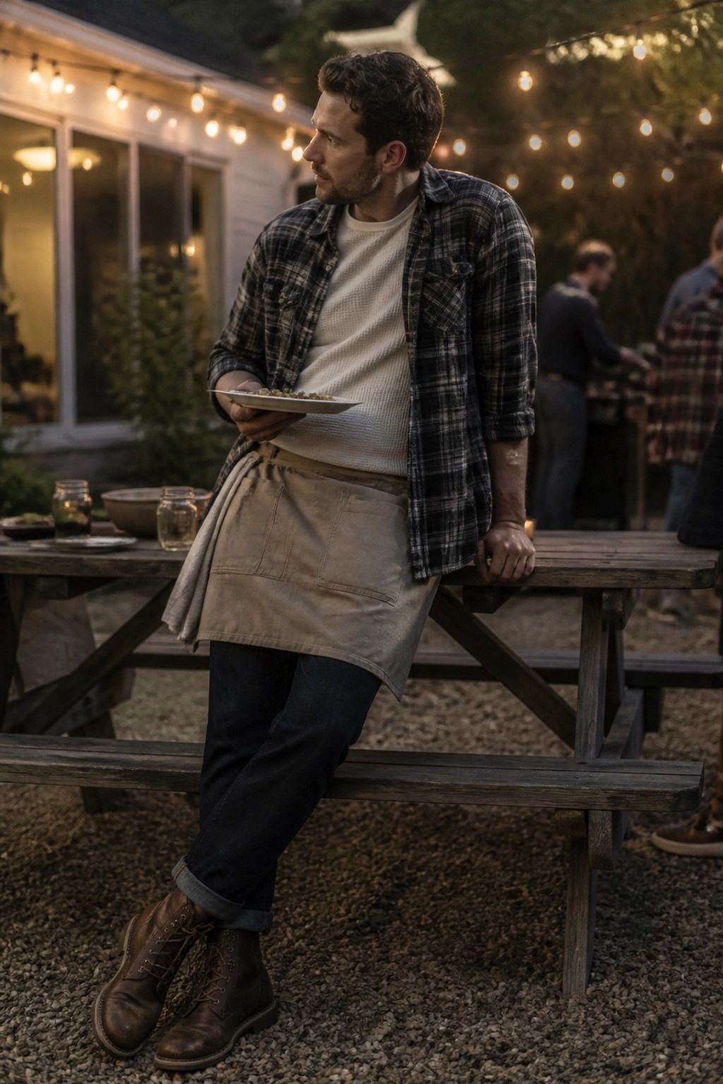 Man in plaid shirt and apron holds plate at dusk picnic table with string lights.