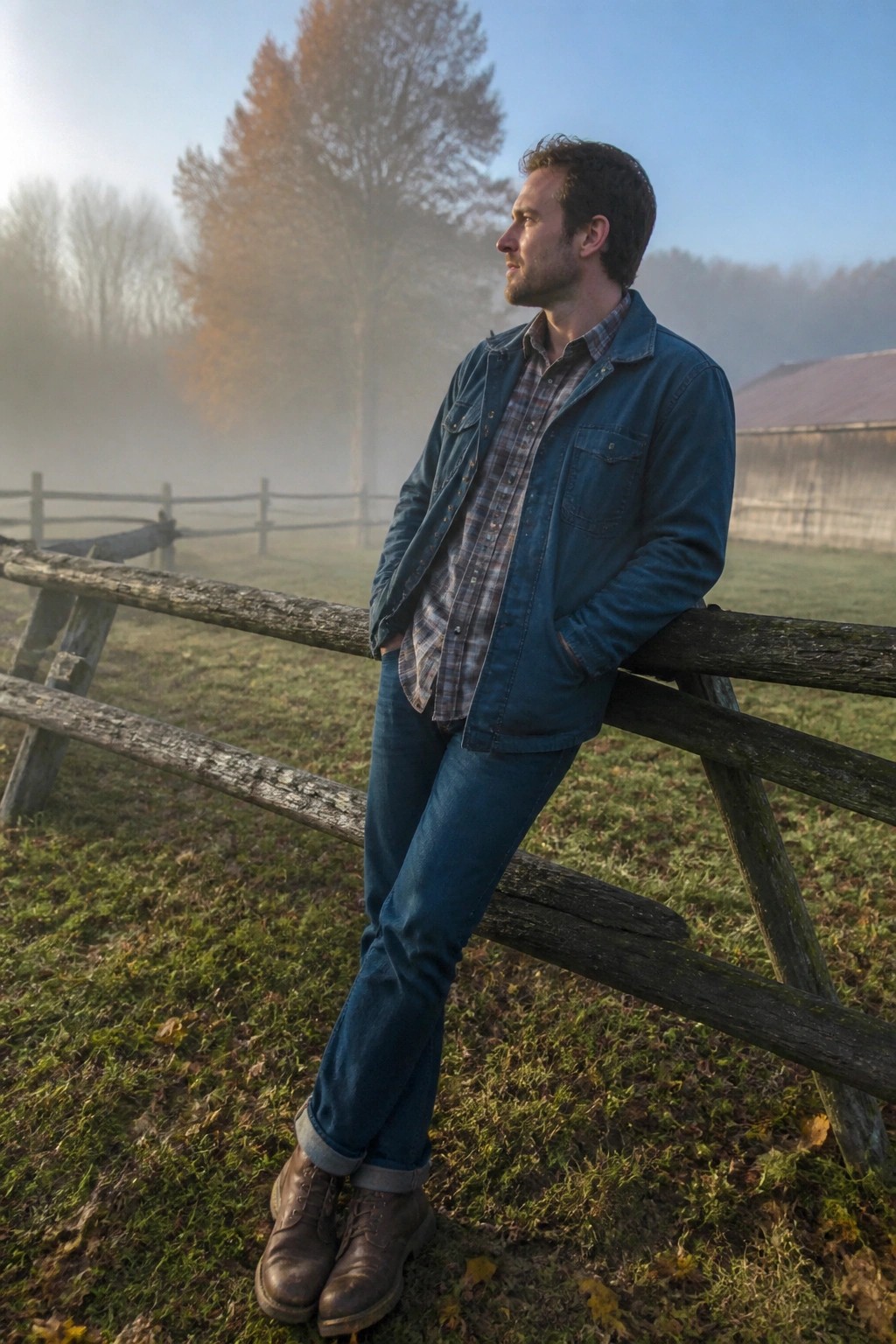 Man in denim jacket and plaid shirt leans on wooden fence in foggy field