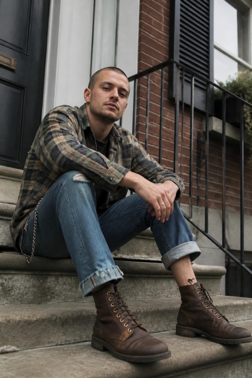 Man in plaid flannel shirt open over dark tee blue ripped jeans with chain wallet cuffed at ankles and brown lace up work boots sitting on stone steps.