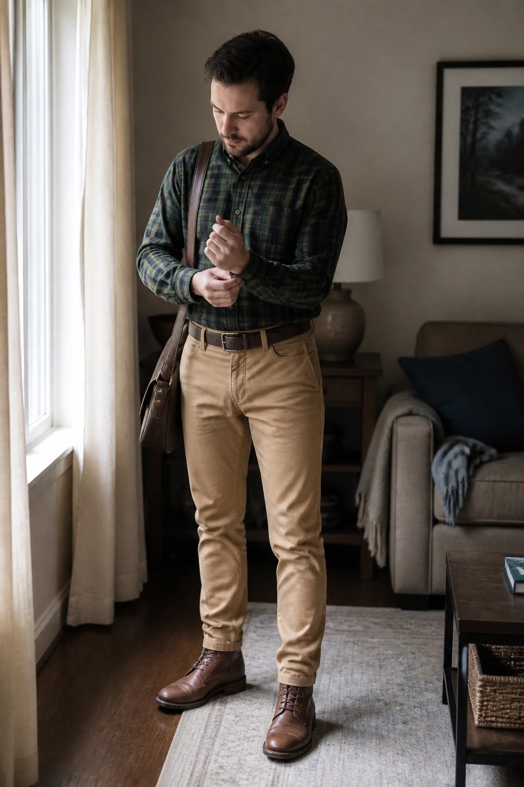 Man in green plaid shirt and tan pants adjusting watch with brown messenger bag