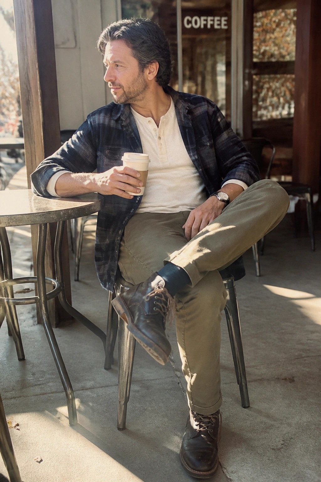 Man in blue plaid shirt holds coffee at outdoor cafe table with legs crossed.