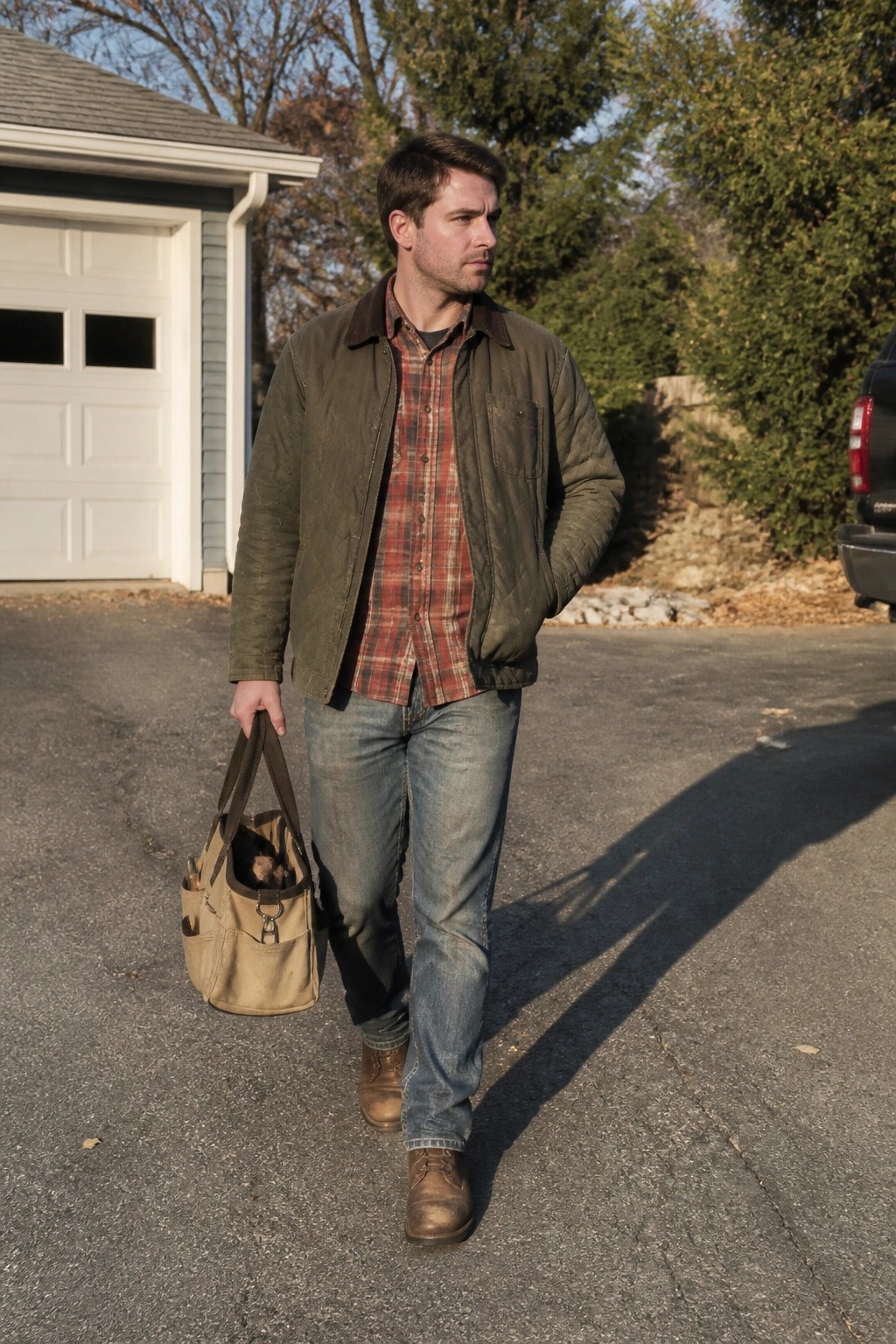 Man in green quilted jacket carries tool bag past white garage door