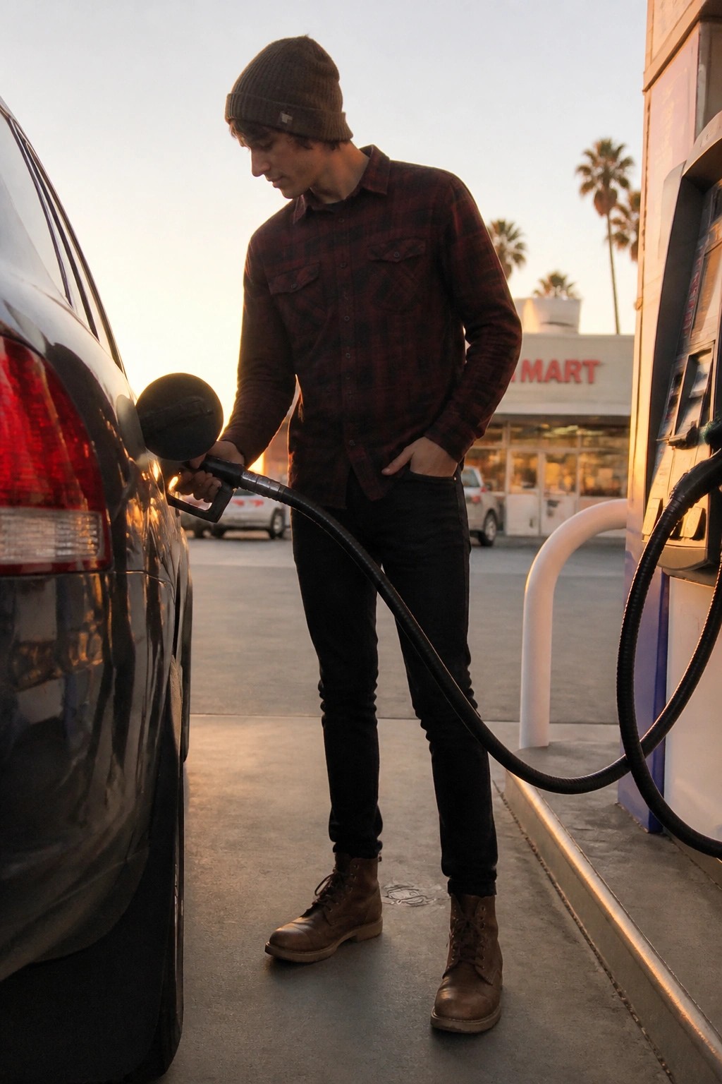 A man in a red black plaid flannel shirt dark jeans and brown work boots holds a gas pump nozzle at a station.