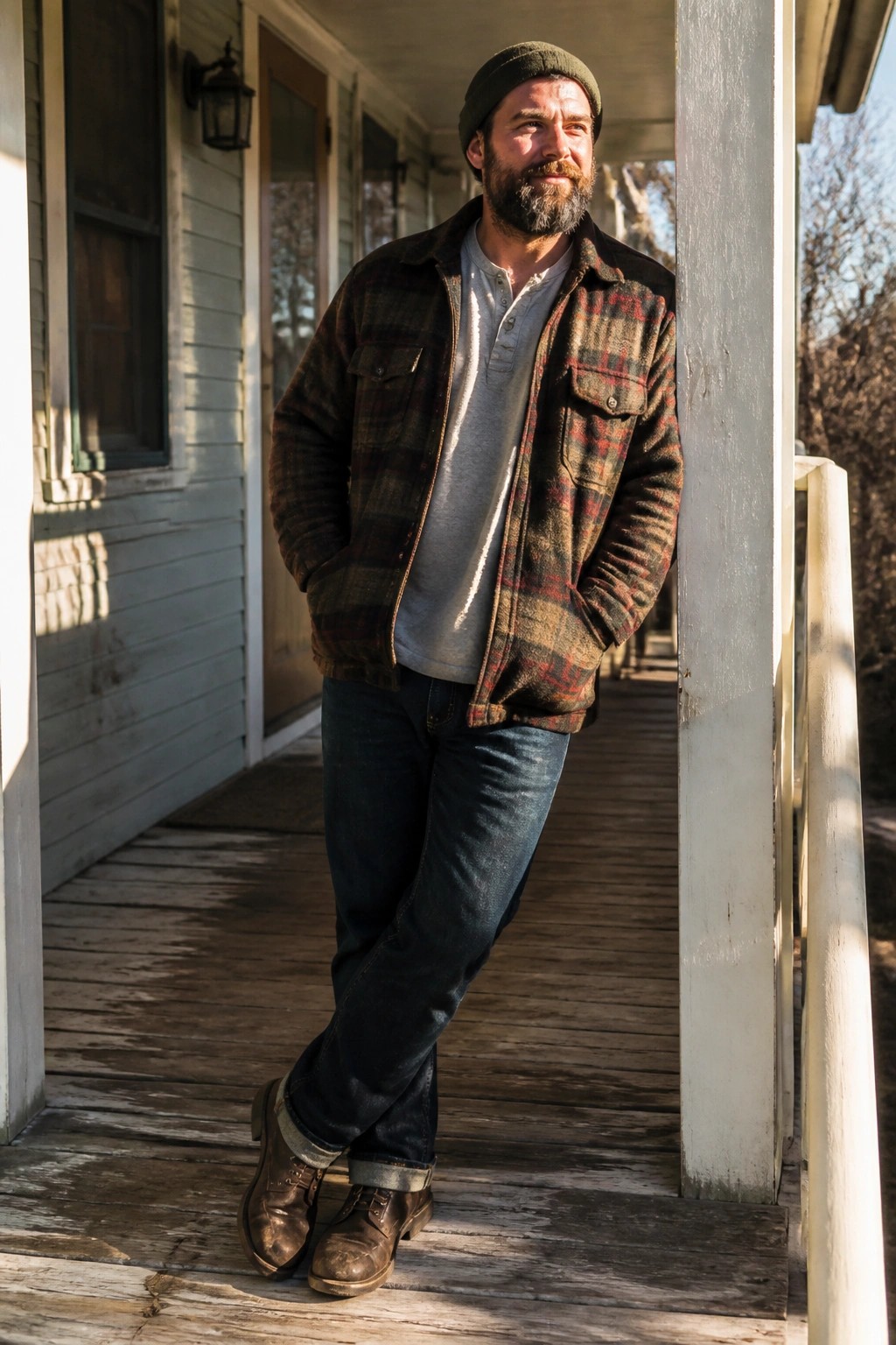 Bearded man in green beanie and plaid jacket leans on wooden porch post