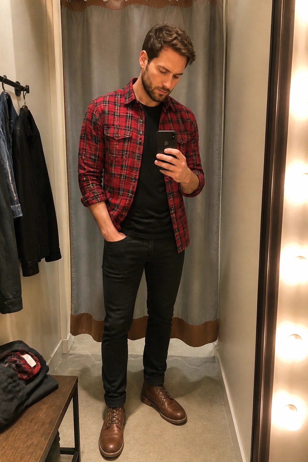Man wearing open red and black plaid flannel shirt over black t-shirt with black jeans and brown leather work boots in a fitting room mirror selfie.