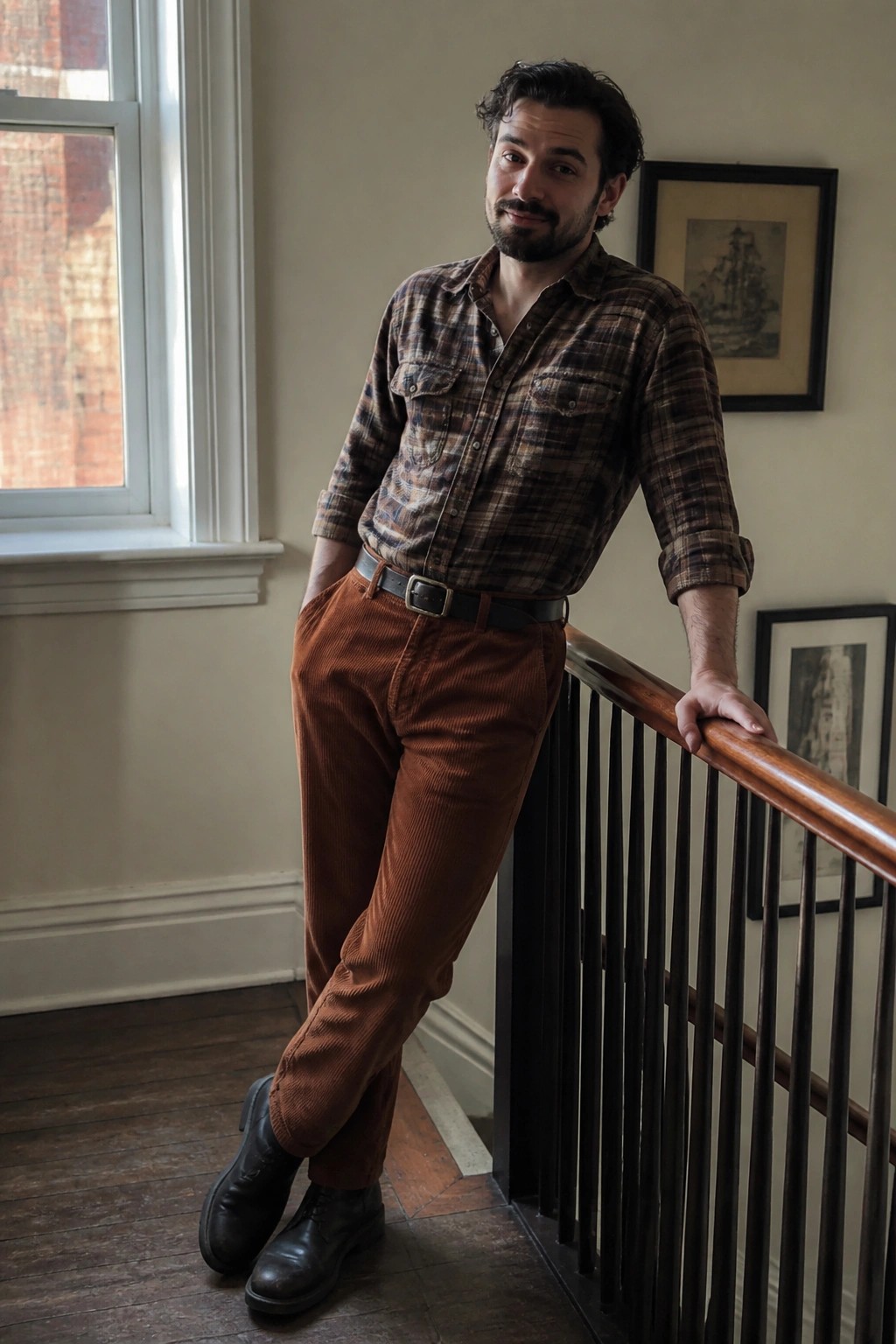 Bearded man in plaid shirt and rust corduroy pants leaning on wooden railing.