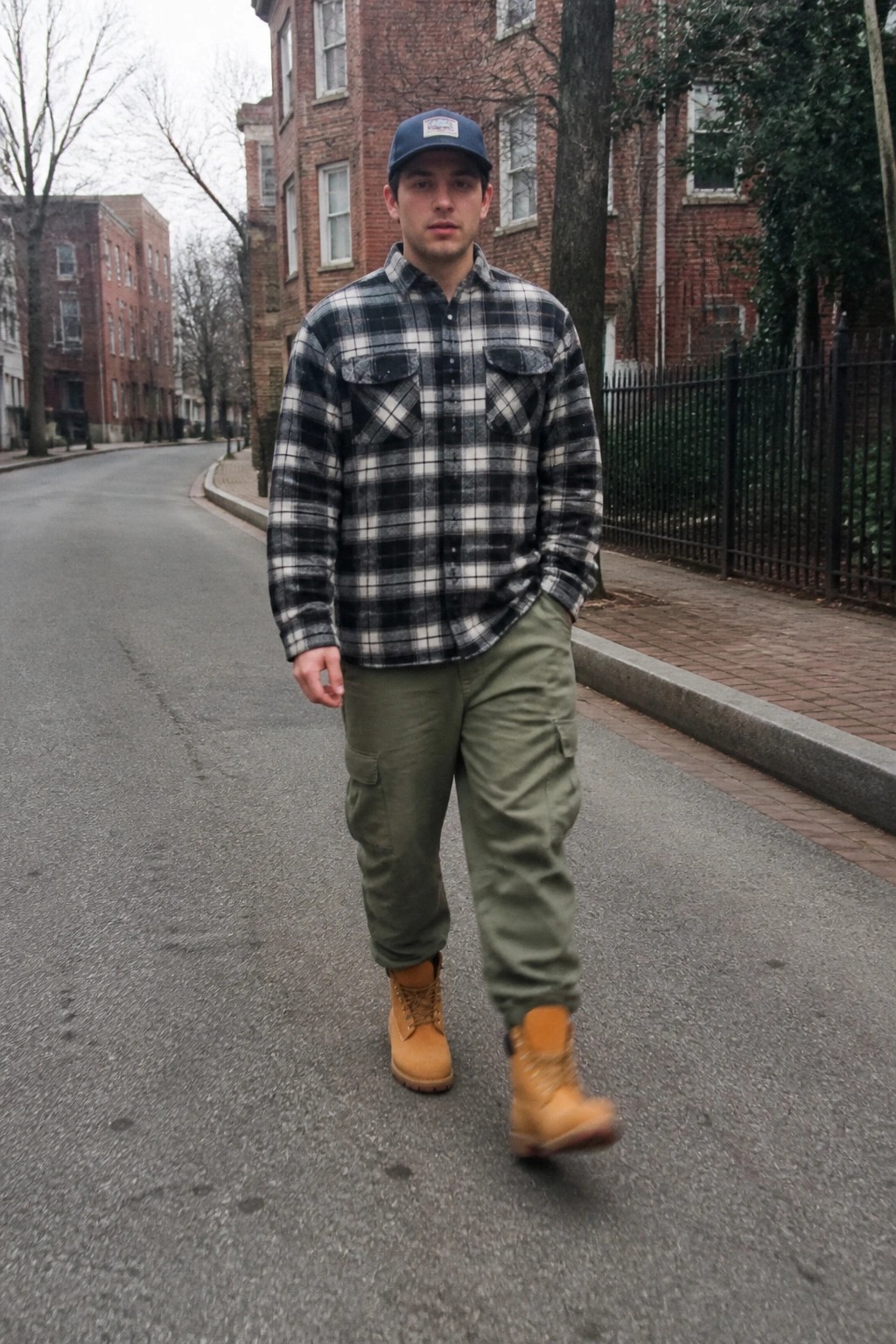 Man in plaid flannel shirt and green cargo pants walks on city street.