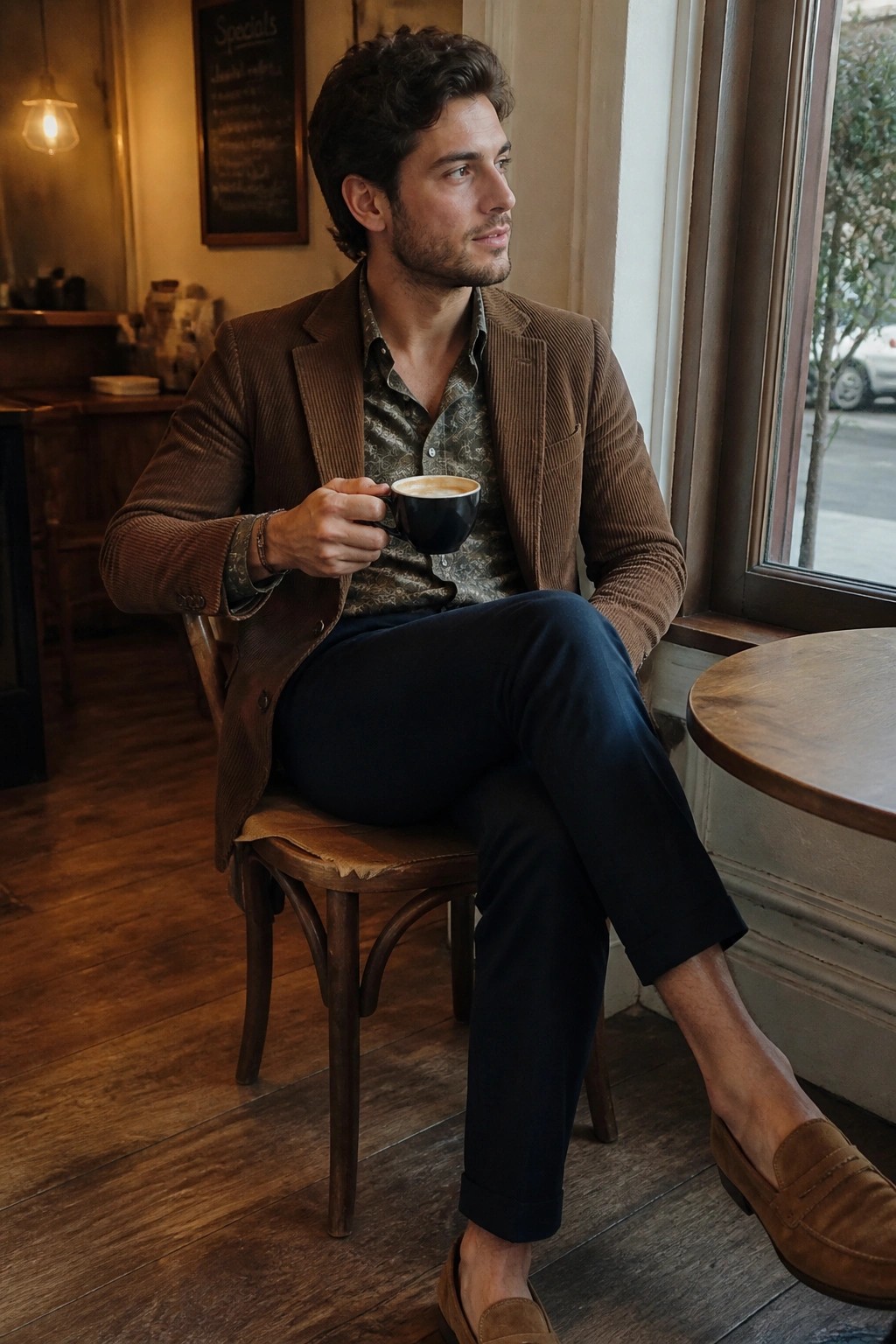 Man in brown corduroy blazer holding coffee cup seated in cafe by window