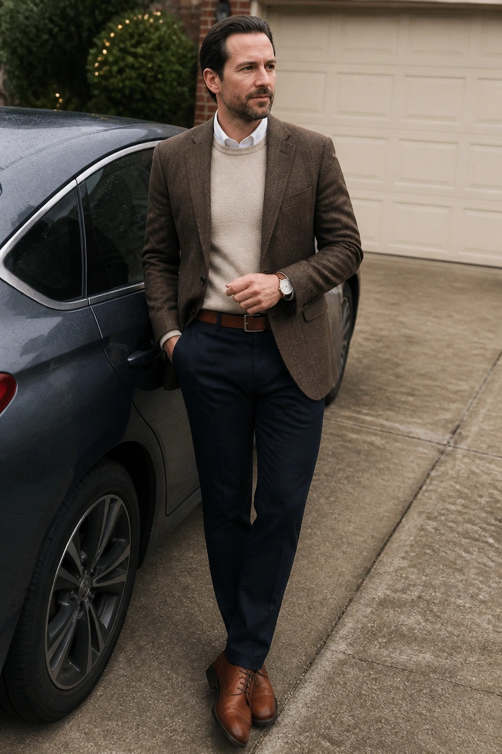 Man in brown tweed blazer and beige sweater beside dark blue car on driveway.