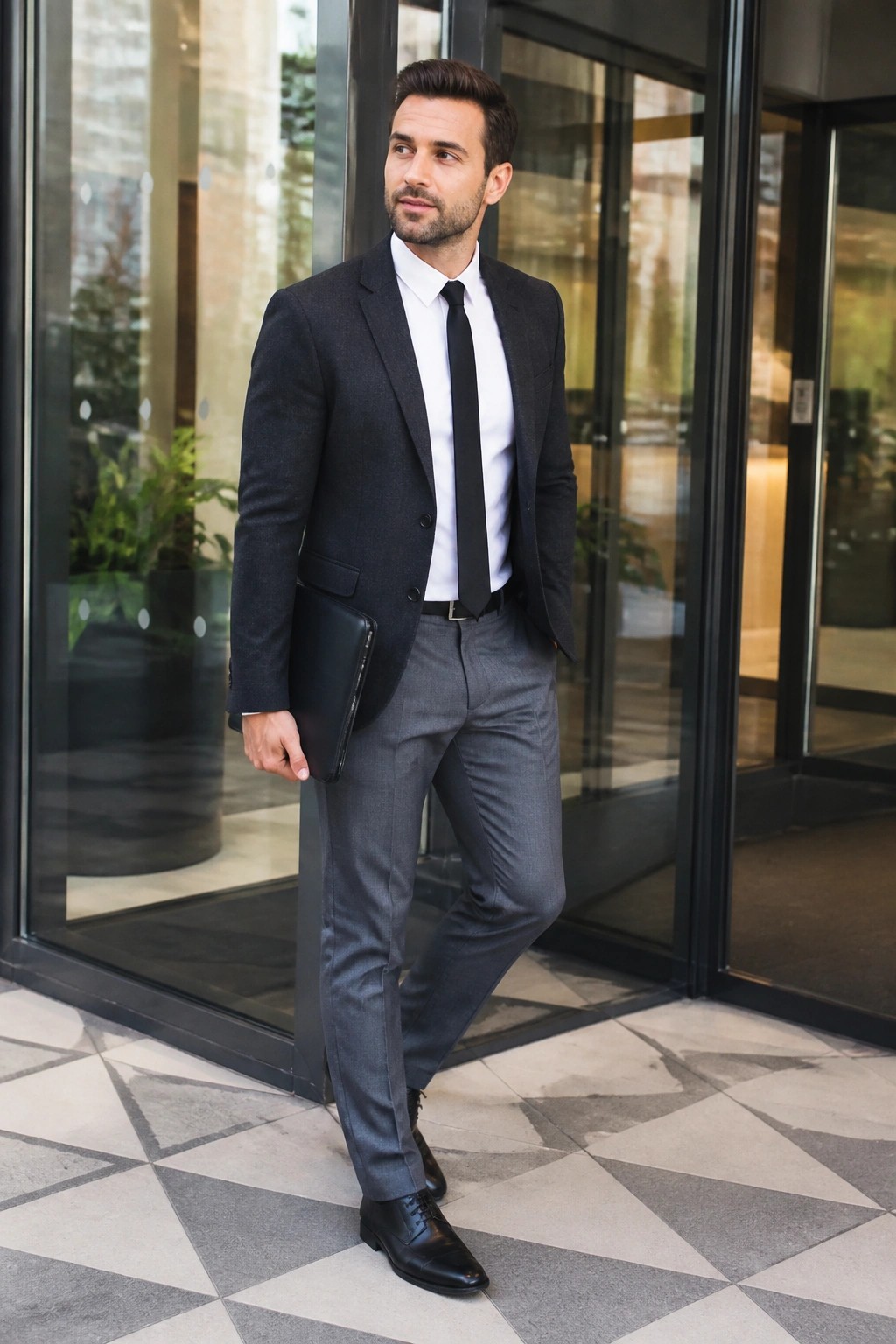 Man in dark suit, white shirt, black tie holding portfolio by glass doors