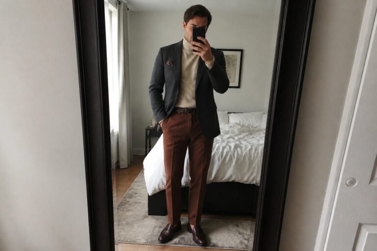 Man in gray blazer and cream turtleneck taking mirror selfie in bedroom