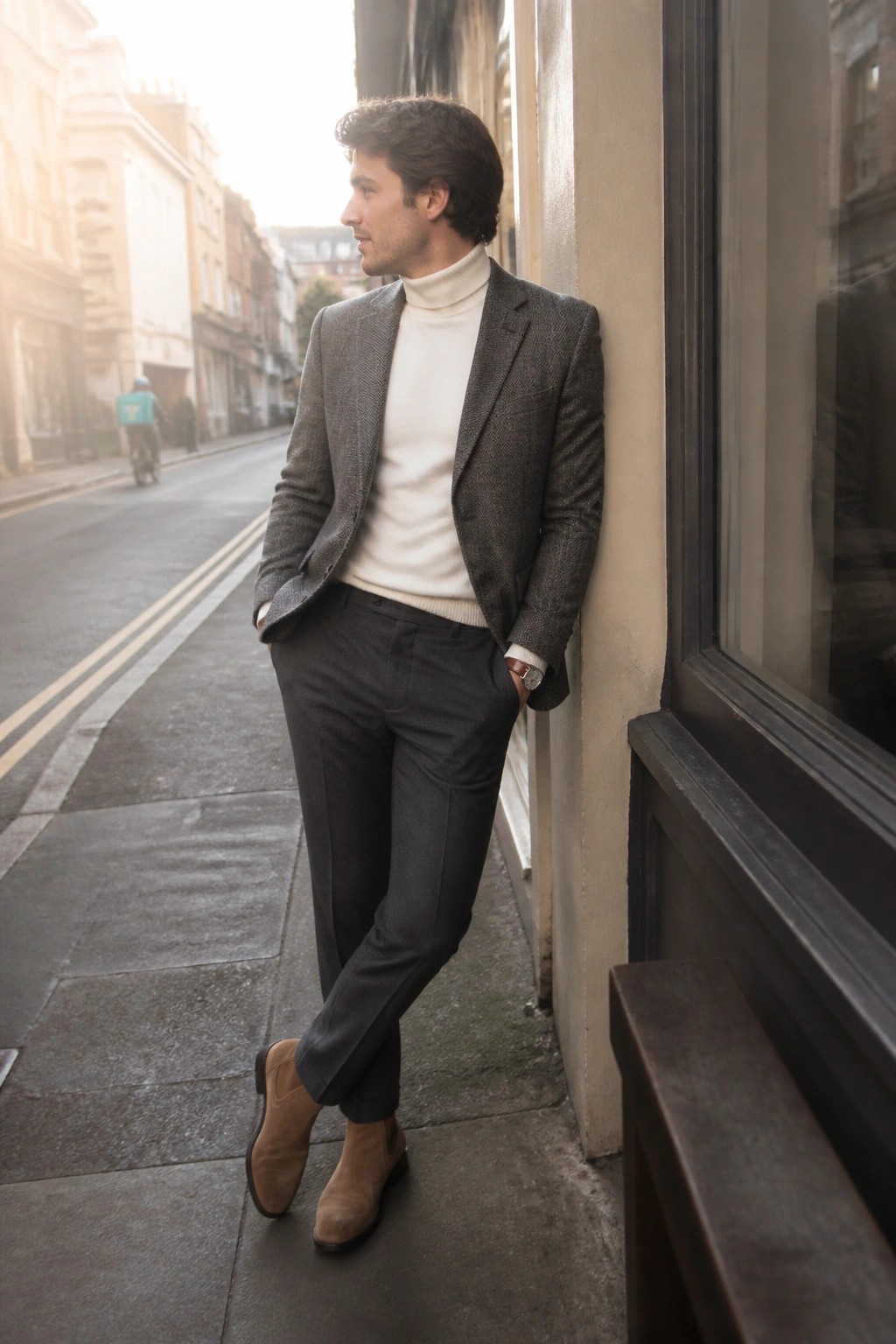 Man in gray blazer and white turtleneck leaning on city street wall with brown boots