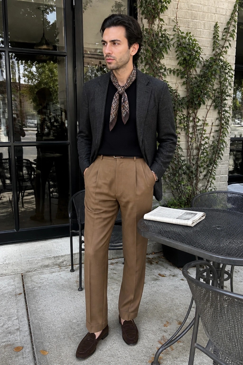 Man wearing a gray textured blazer over a black sweater with a patterned scarf, brown pleated trousers, brown belt, and dark suede loafers standing outdoors near a table with a newspaper.