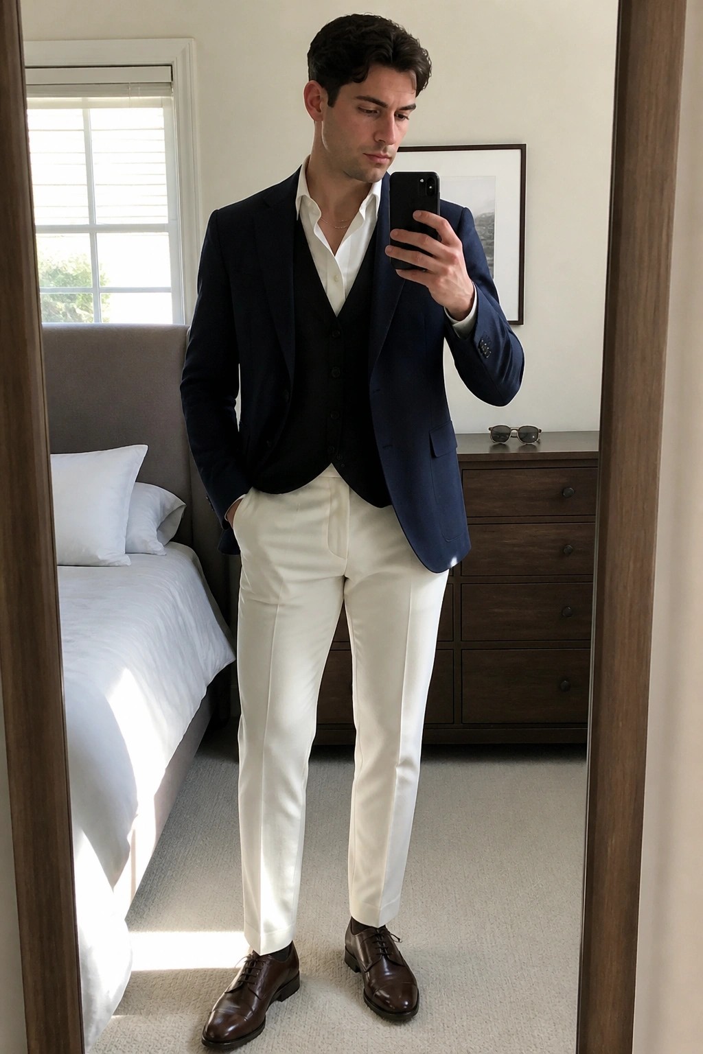 Man in navy blazer, black vest, white shirt and pants taking mirror selfie