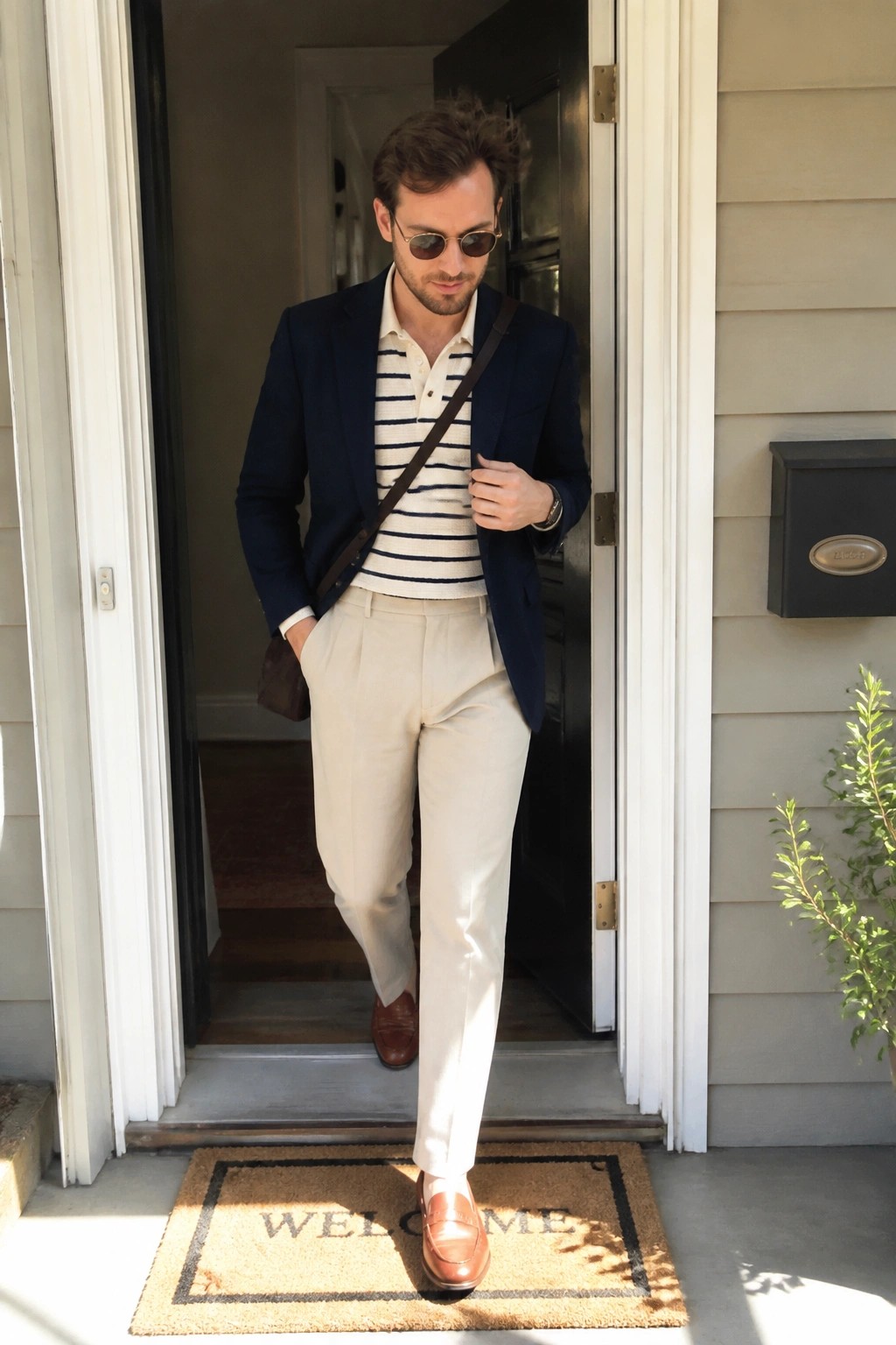 Man in navy blazer and striped shirt stepping onto welcome mat from doorway