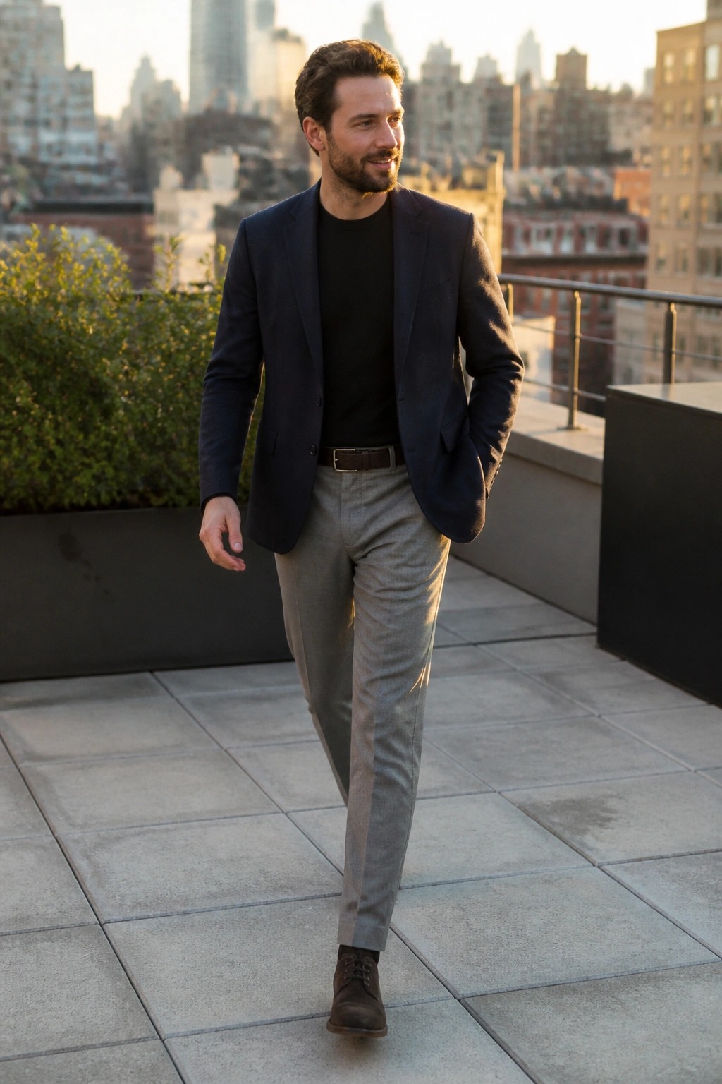 Man in navy blazer and gray pants walking on city rooftop at sunset