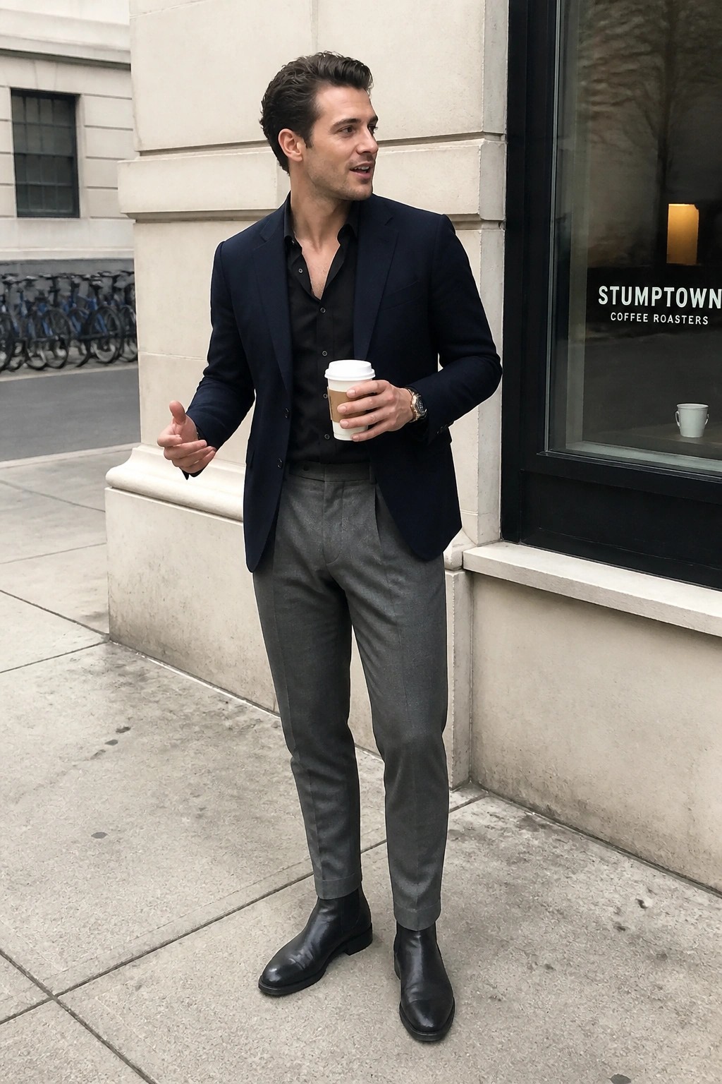 Man in navy blazer and gray pants holding coffee outside Stumptown Coffee Roasters