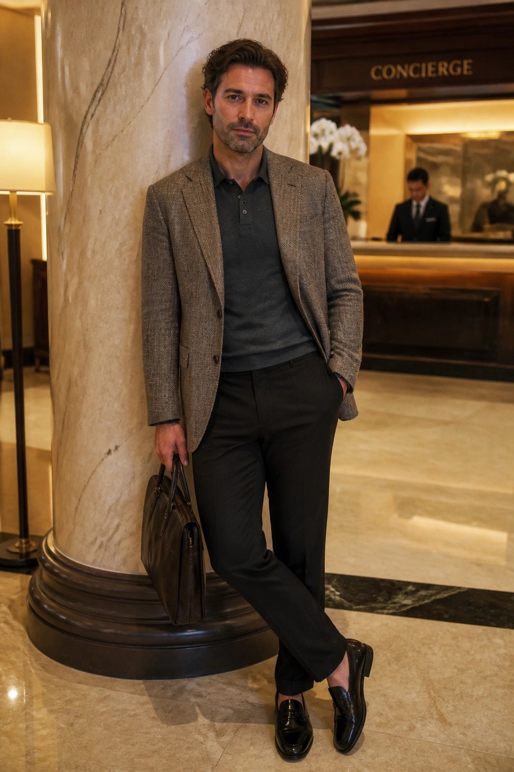 Man in brown tweed blazer holds briefcase while leaning on marble column in lobby