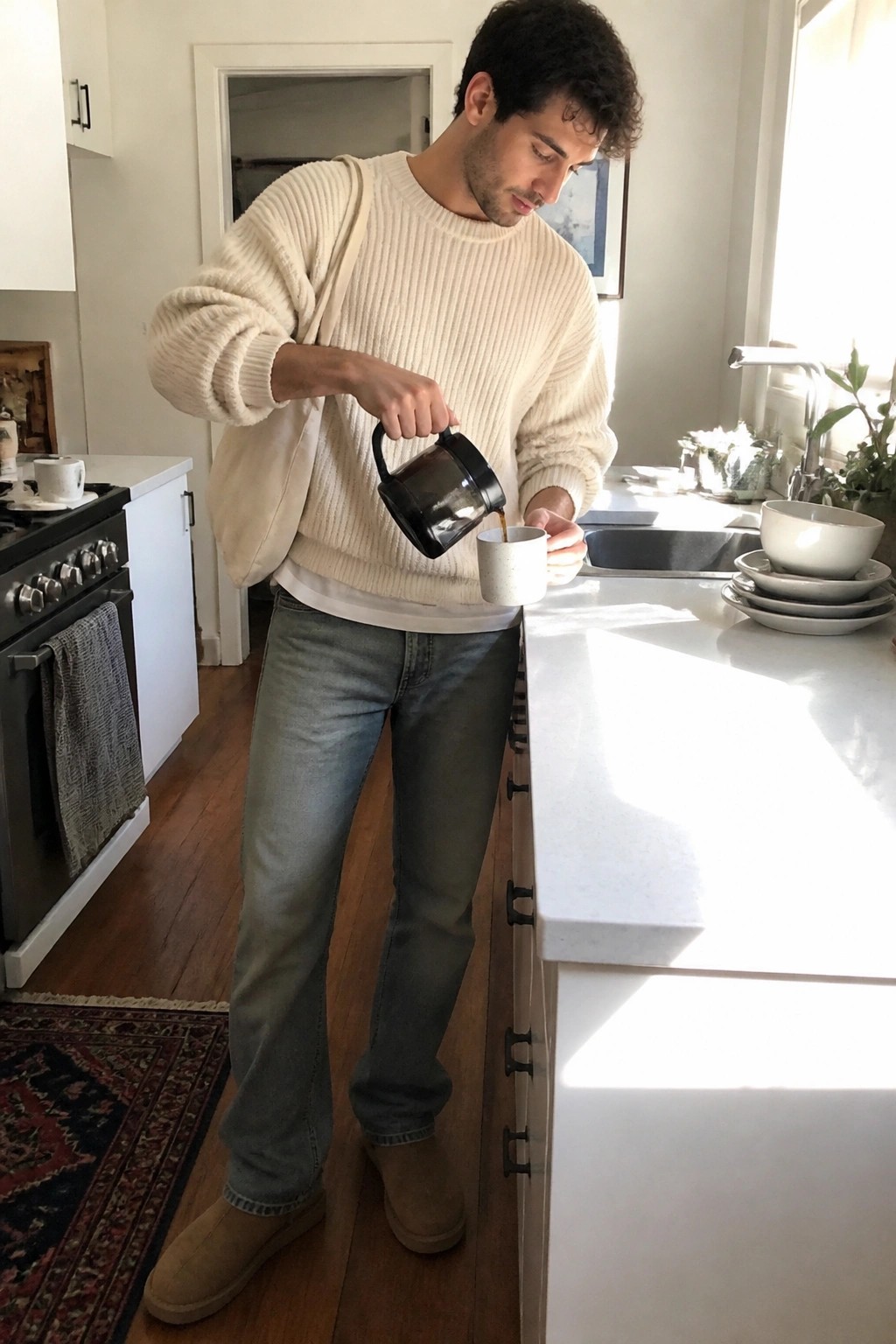 Man in cream knit sweater pours coffee into mug in sunny kitchen