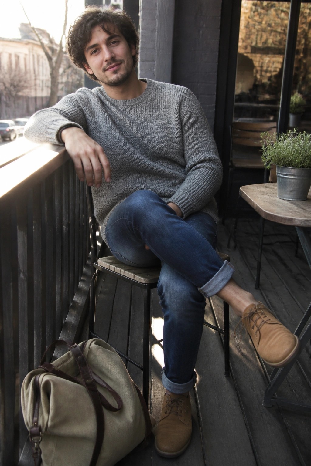 Man in gray sweater and cuffed jeans seated outdoors beside canvas bag