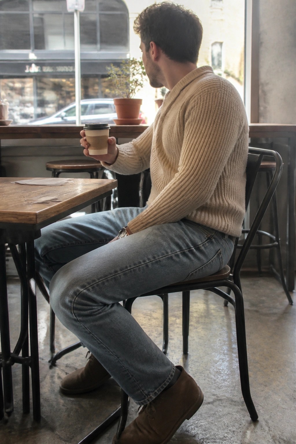 Man in beige ribbed sweater holds coffee at wooden cafe table.