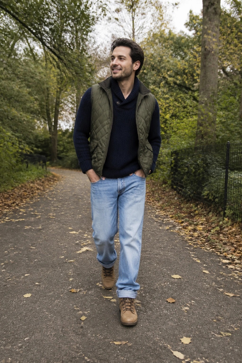 Man in blue sweater and green quilted vest stands on autumn path with hands in pockets