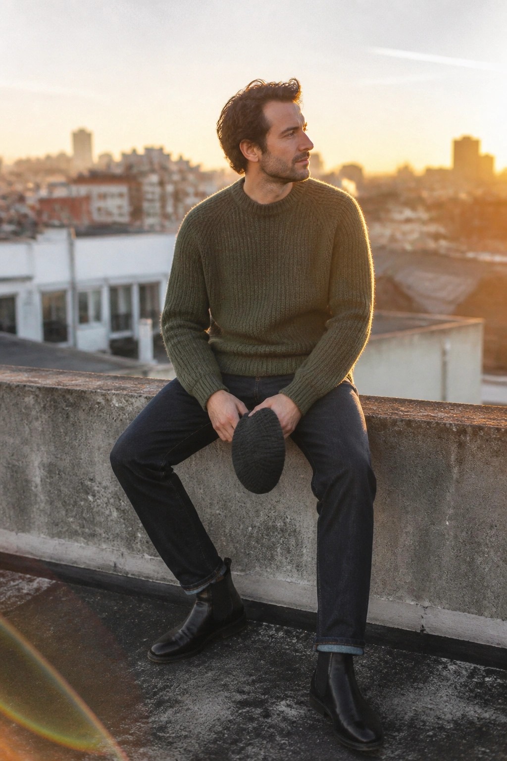Man in olive green sweater holding black hat on city rooftop at sunset
