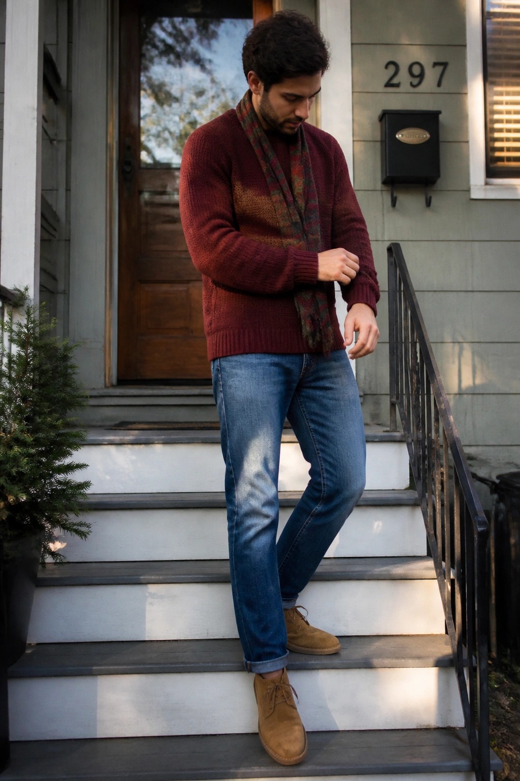 Man in maroon sweater and scarf on suburban house steps wearing jeans and boots