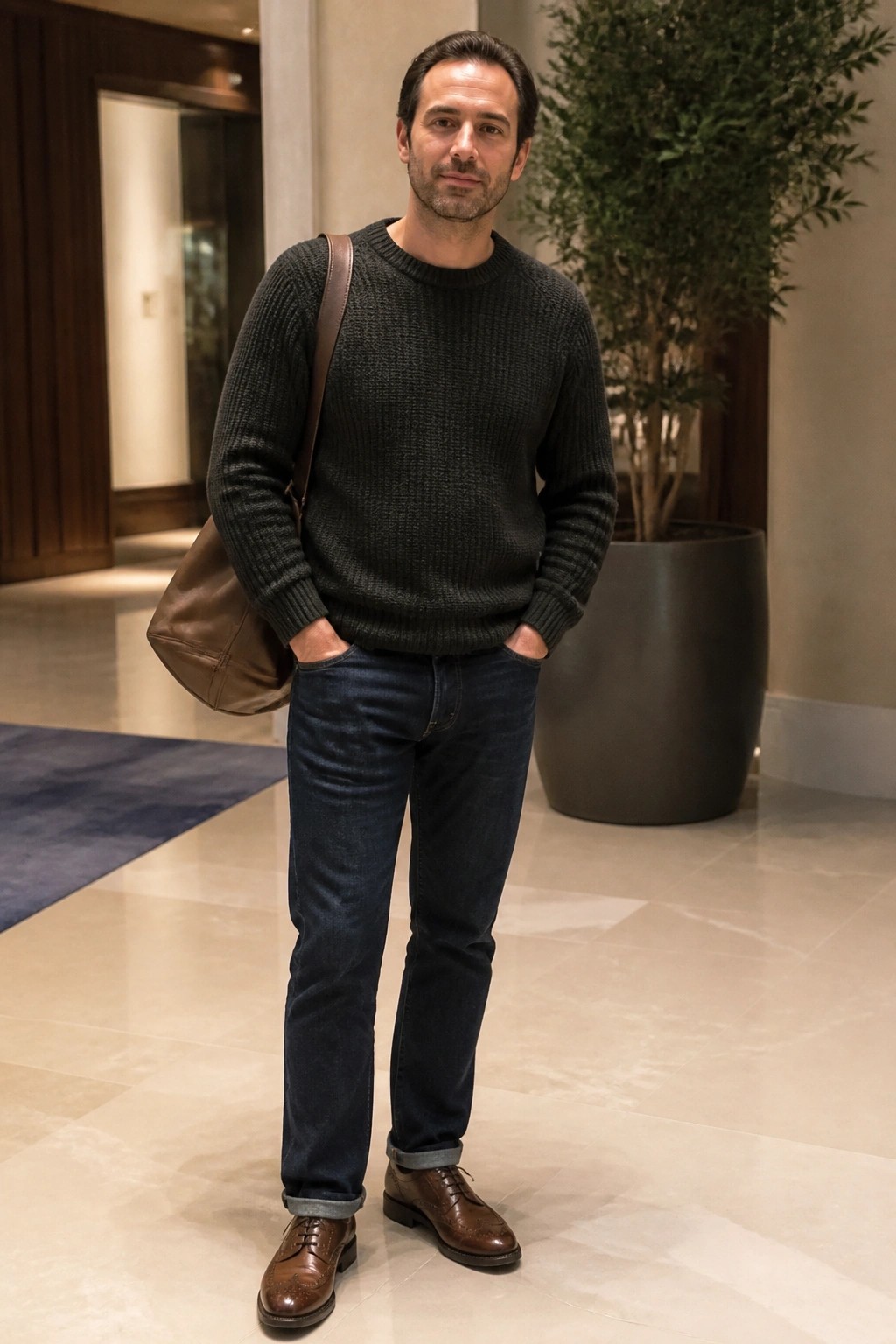 Man in dark green sweater and jeans with brown leather bag in lobby