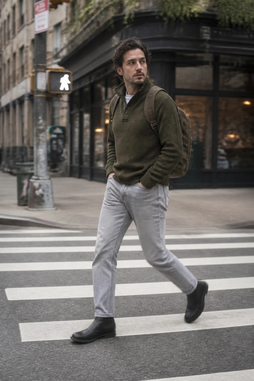 Man in green sweater and gray jeans crossing urban crosswalk with backpack