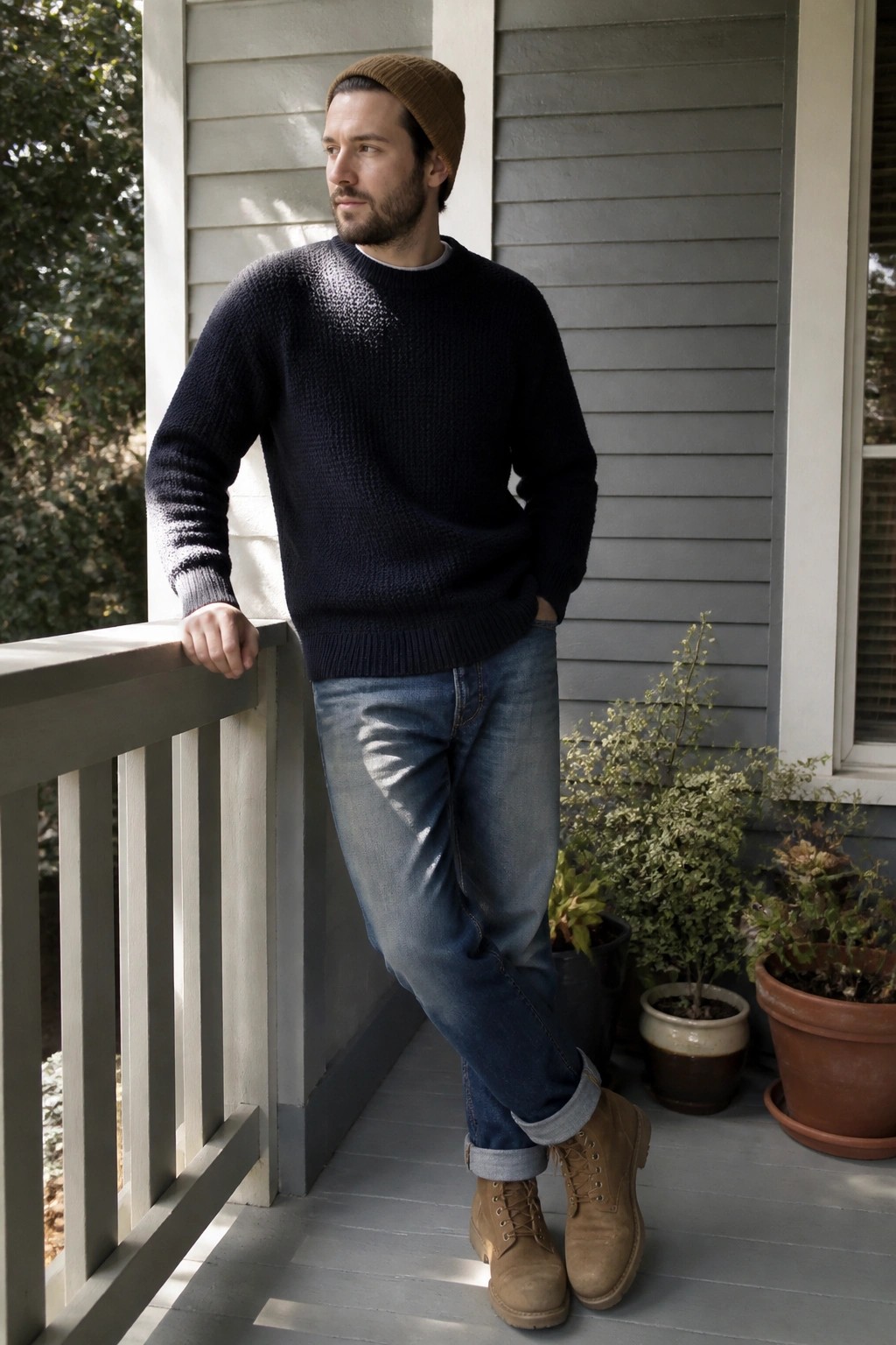 Bearded man in navy sweater, beanie, and boots leaning on porch railing.