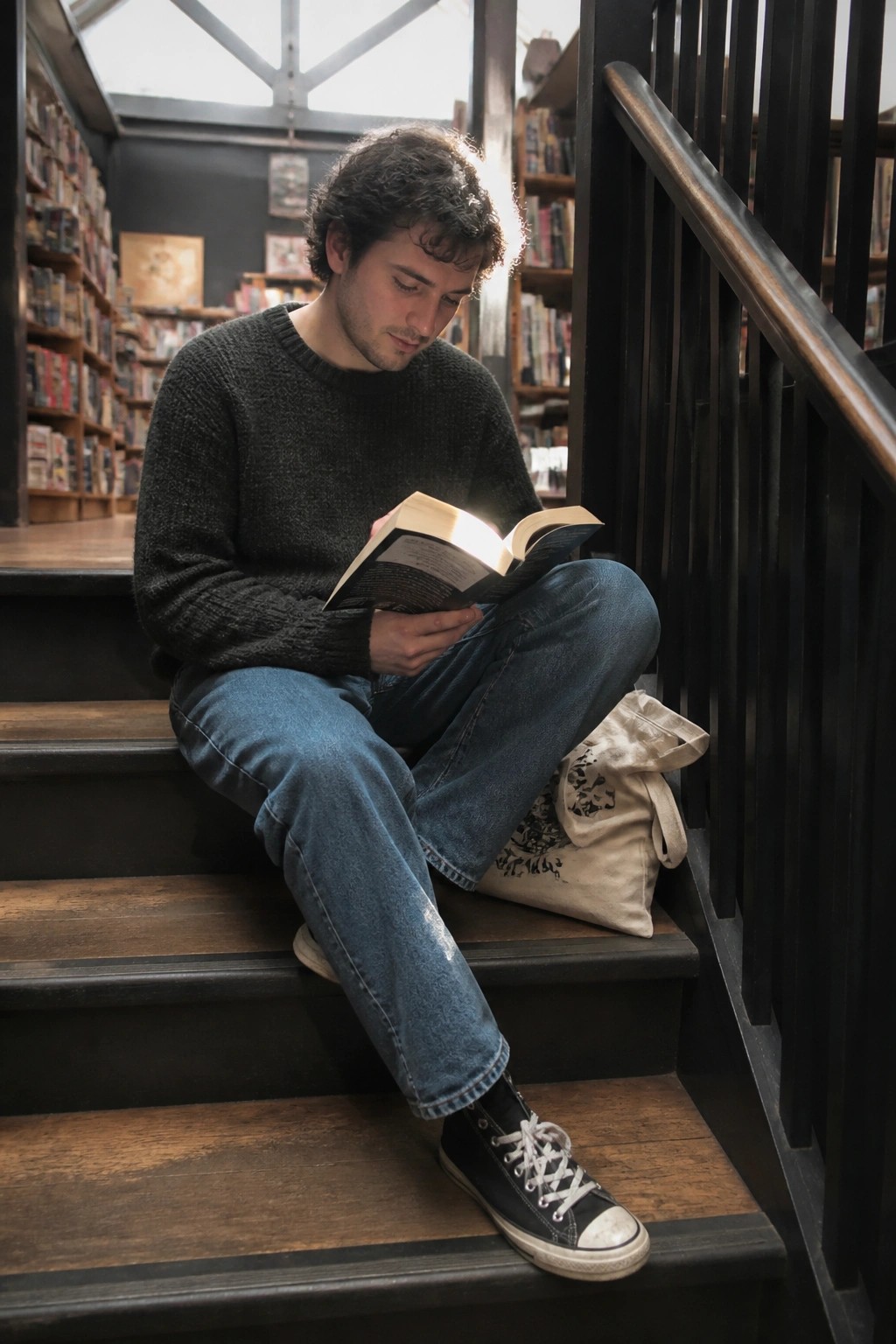 Young man in gray sweater reads book on wooden stairs in bookstore
