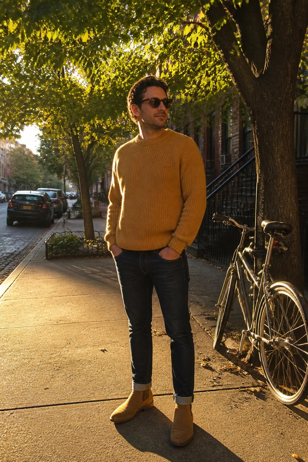 Man in mustard sweater and jeans stands on sunny sidewalk by bicycle and tree.