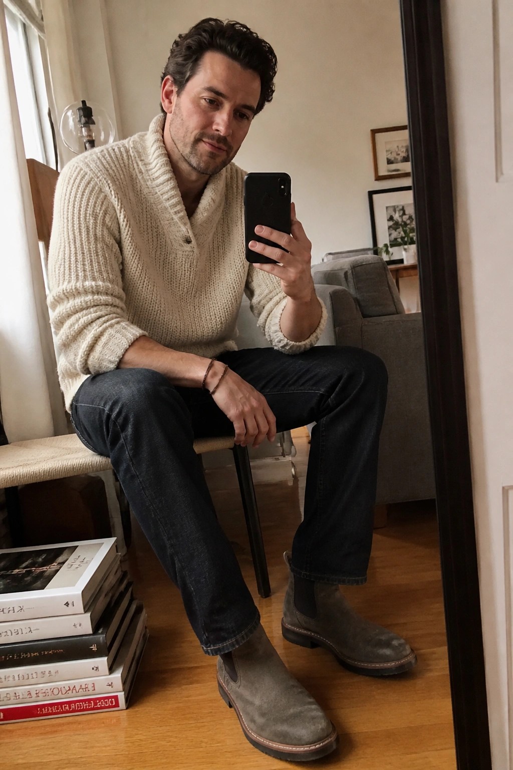 Man in cream knit sweater and gray boots taking mirror selfie while seated