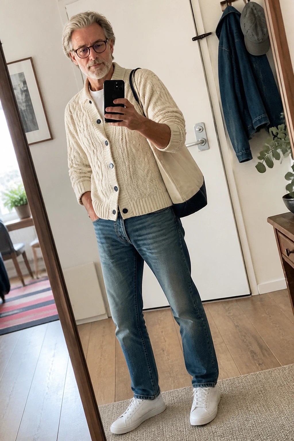 Man with gray hair in cream cable-knit cardigan taking mirror selfie