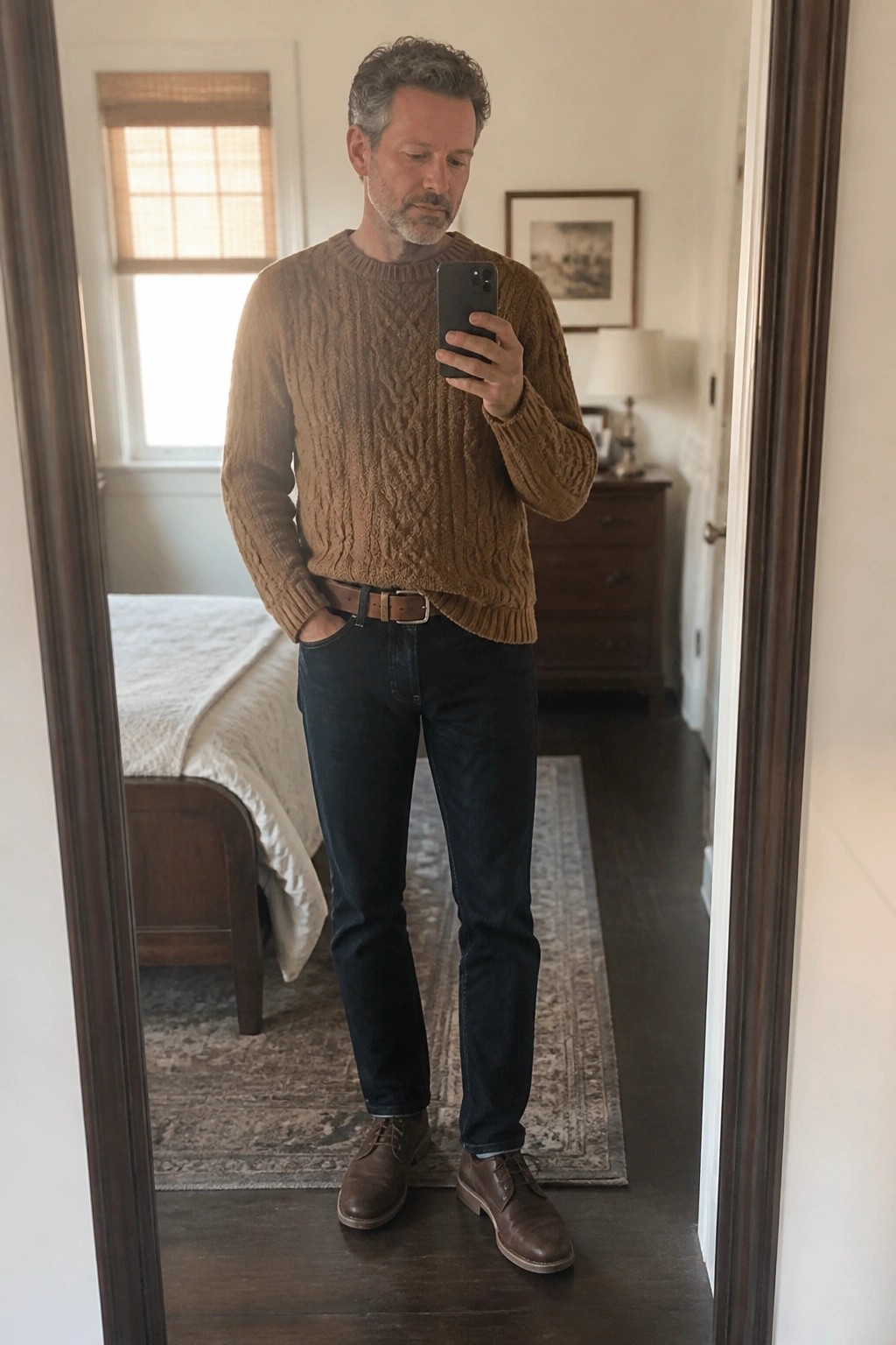 Man in brown cable-knit sweater and dark jeans taking bedroom mirror selfie