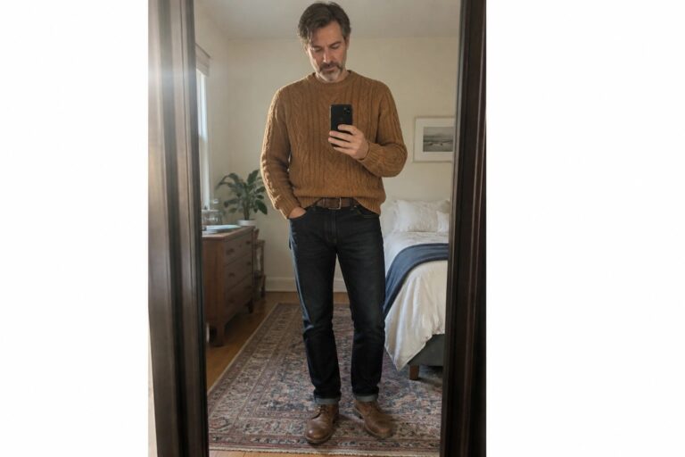 24 Fresh Men’s Fall Casual Outfits for Men Over 50 Built Around Textured Knitwear Man in brown cable-knit sweater and dark jeans taking bedroom mirror selfie