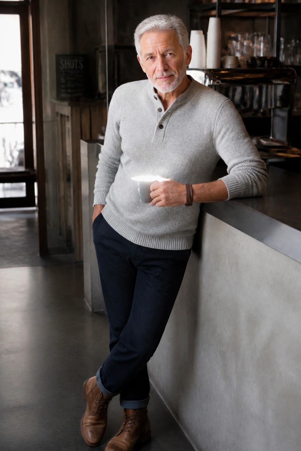 Gray-haired man in light gray sweater holds glowing mug while leaning on cafe counter