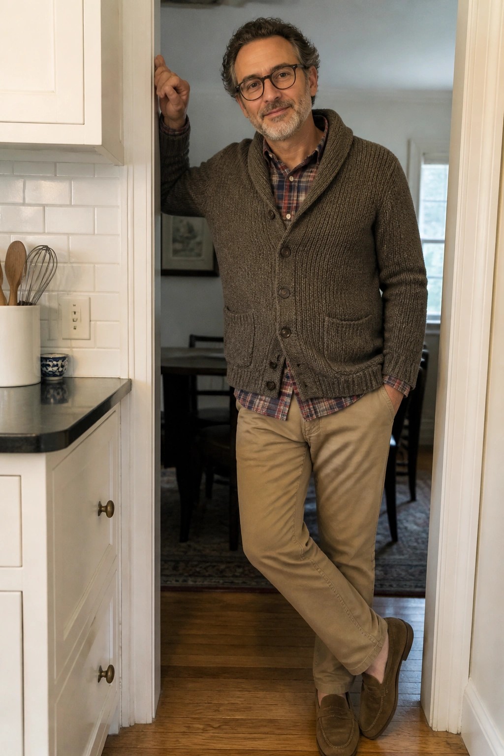 Man with glasses and beard in brown cardigan leaning in home doorway