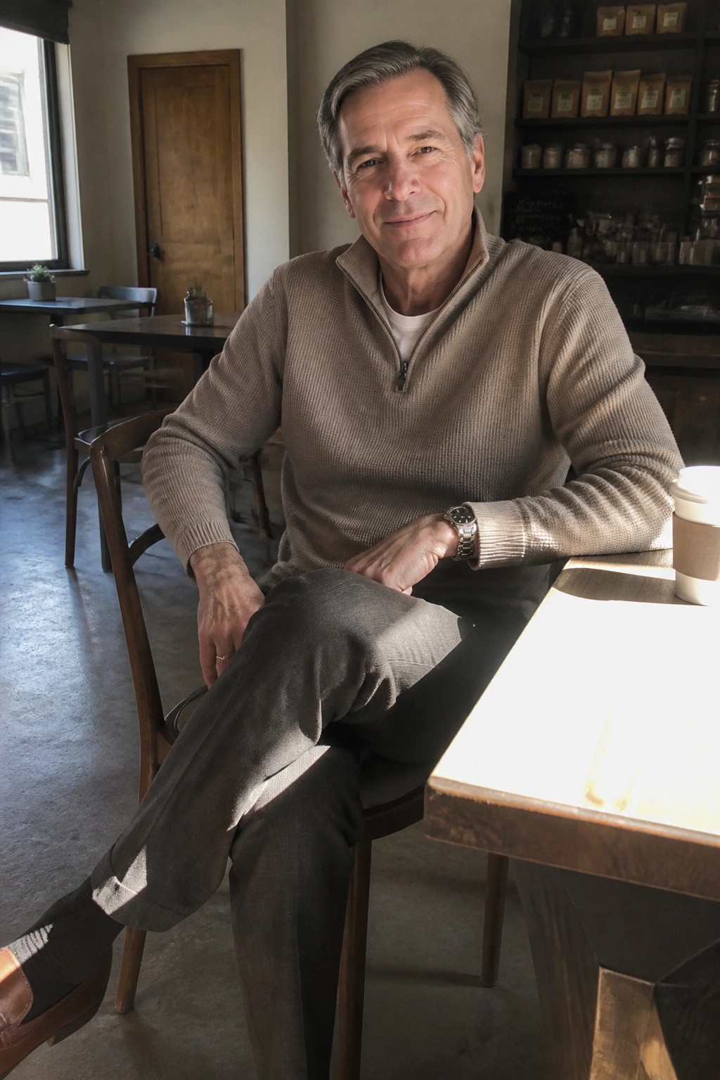 Gray-haired man in beige sweater seated at wooden cafe table with coffee.