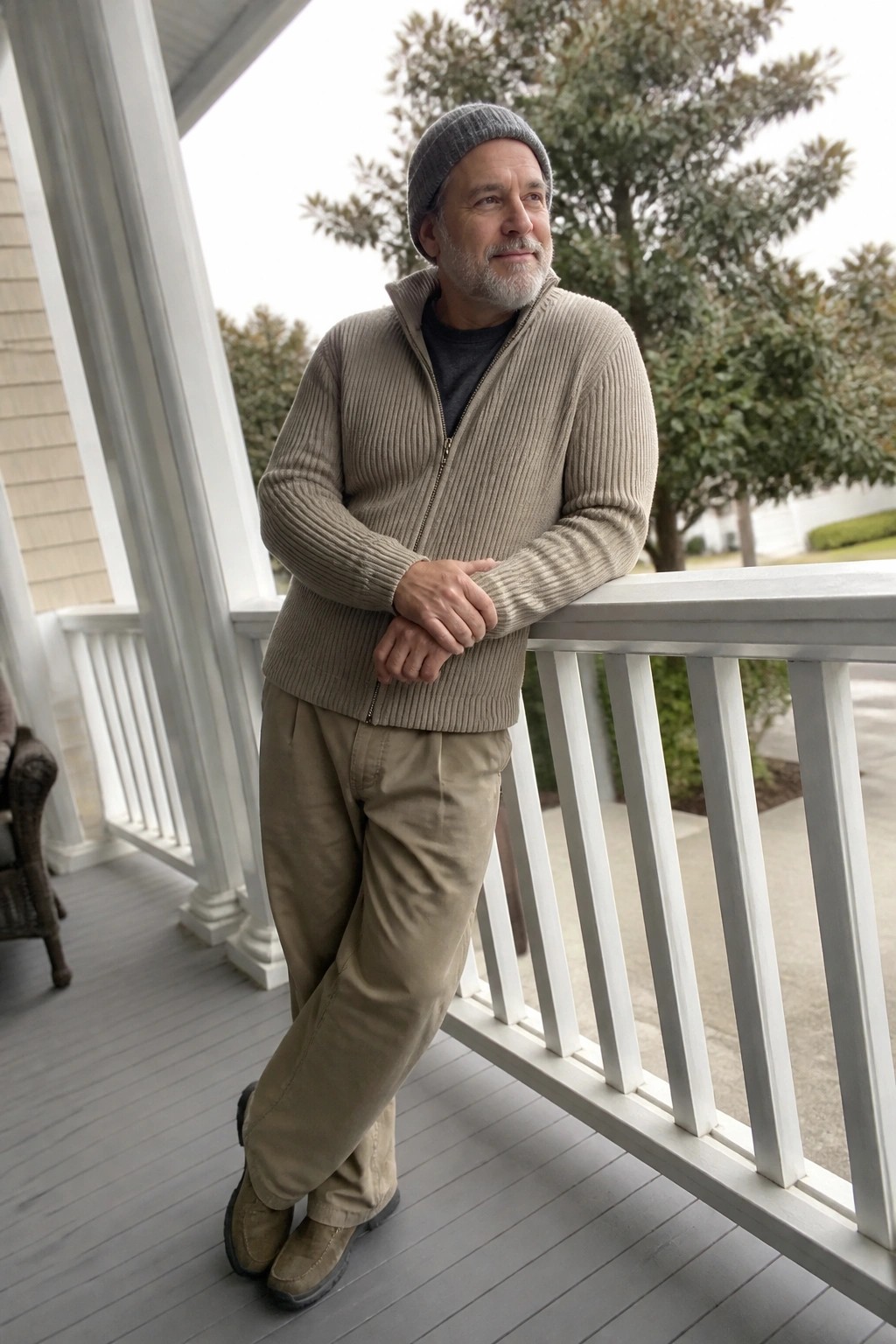 Man over 50 in beige ribbed zip-up knit sweater over dark tee with matching khaki pants gray beanie and suede shoes standing on porch.