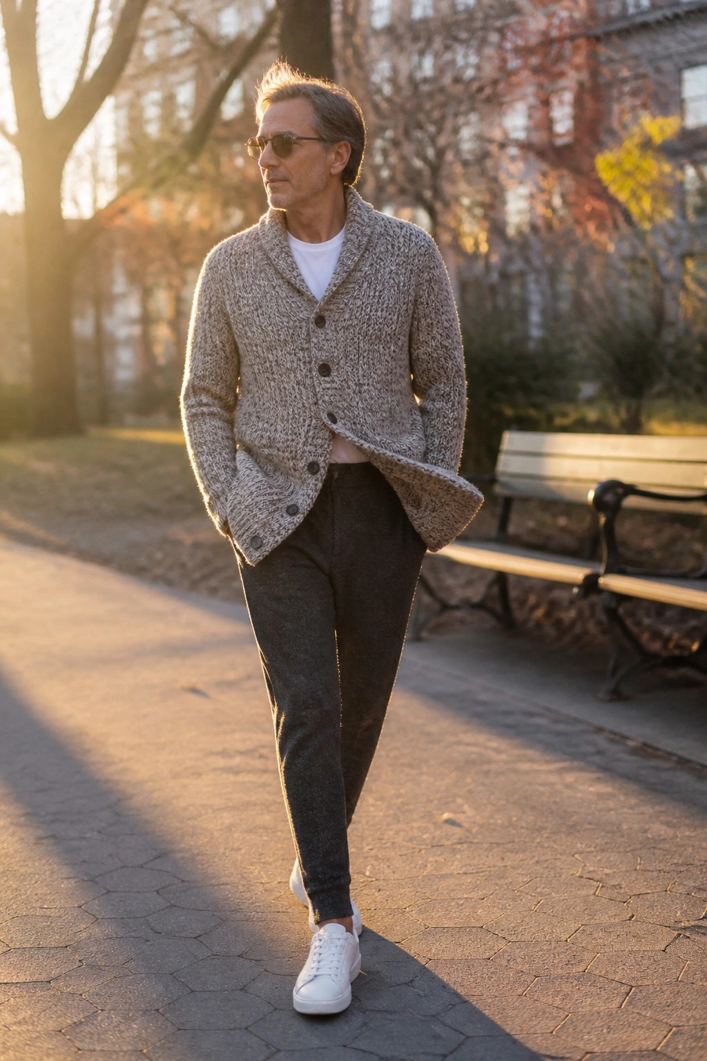 Man in gray cardigan and sunglasses walks on sunny park path