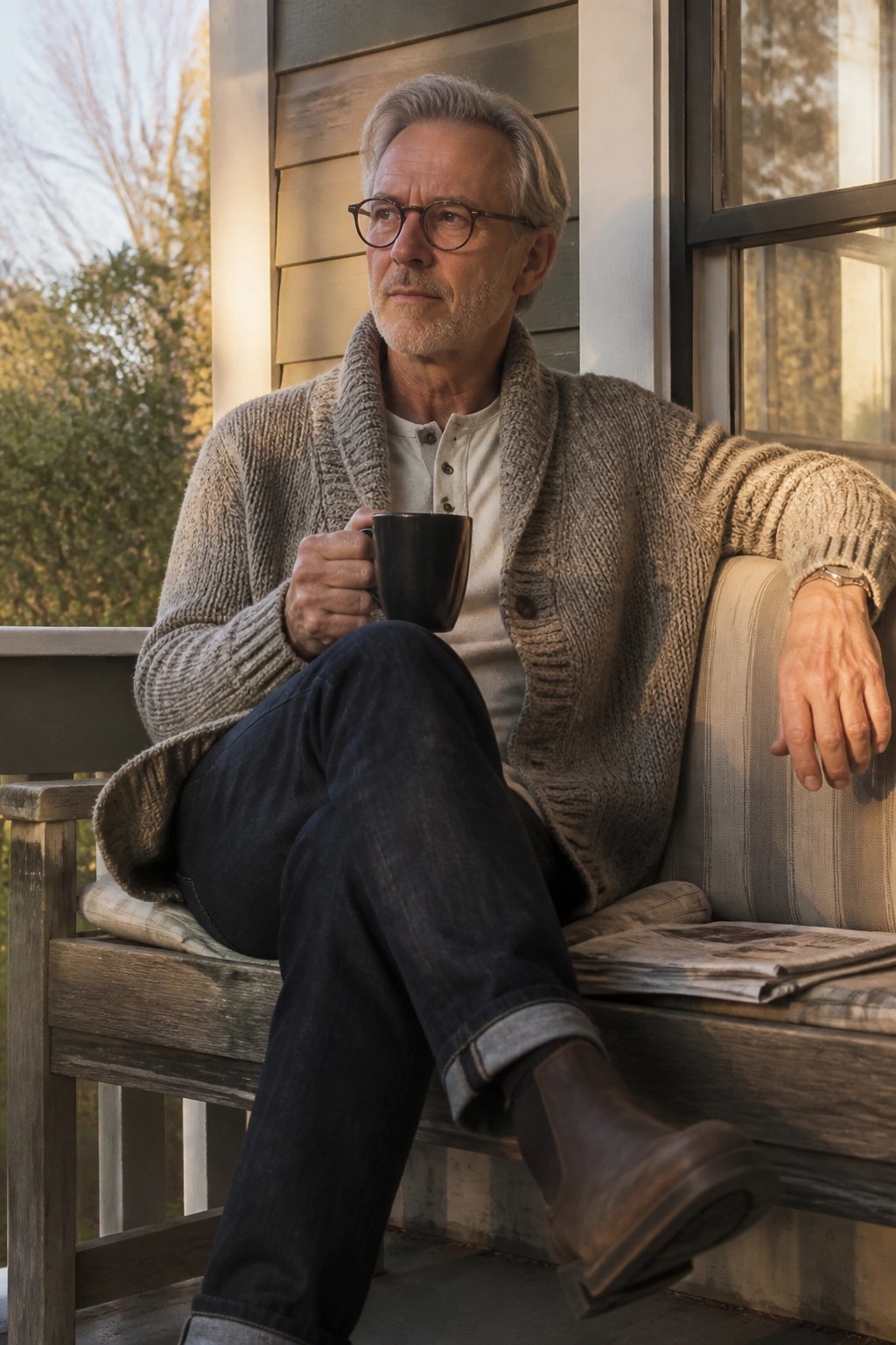 Elderly man in cardigan holds black mug on porch beside newspaper