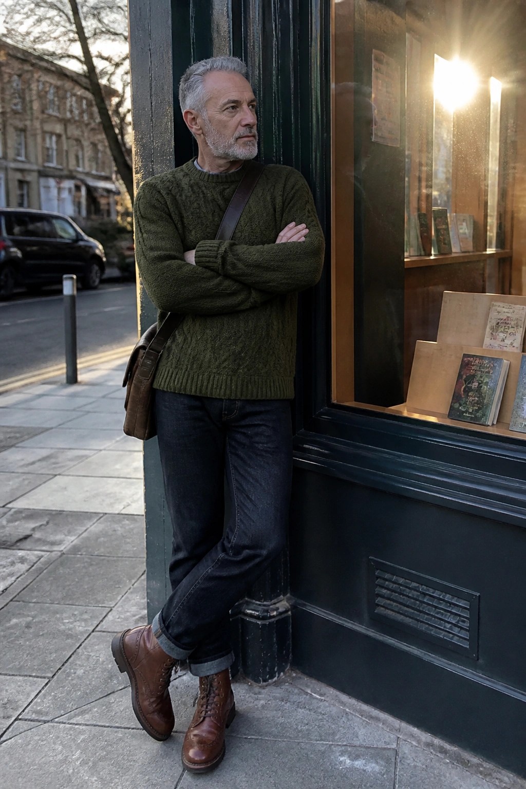 Man in green sweater and jeans leans against shop window with arms crossed