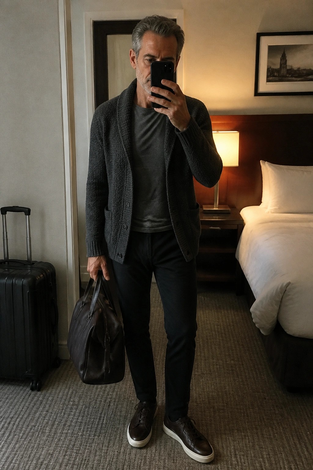 Man over 50 wearing a dark gray textured knit cardigan open over a gray t-shirt with black pants and brown low-top sneakers while holding a leather duffel bag in a hotel room setting.