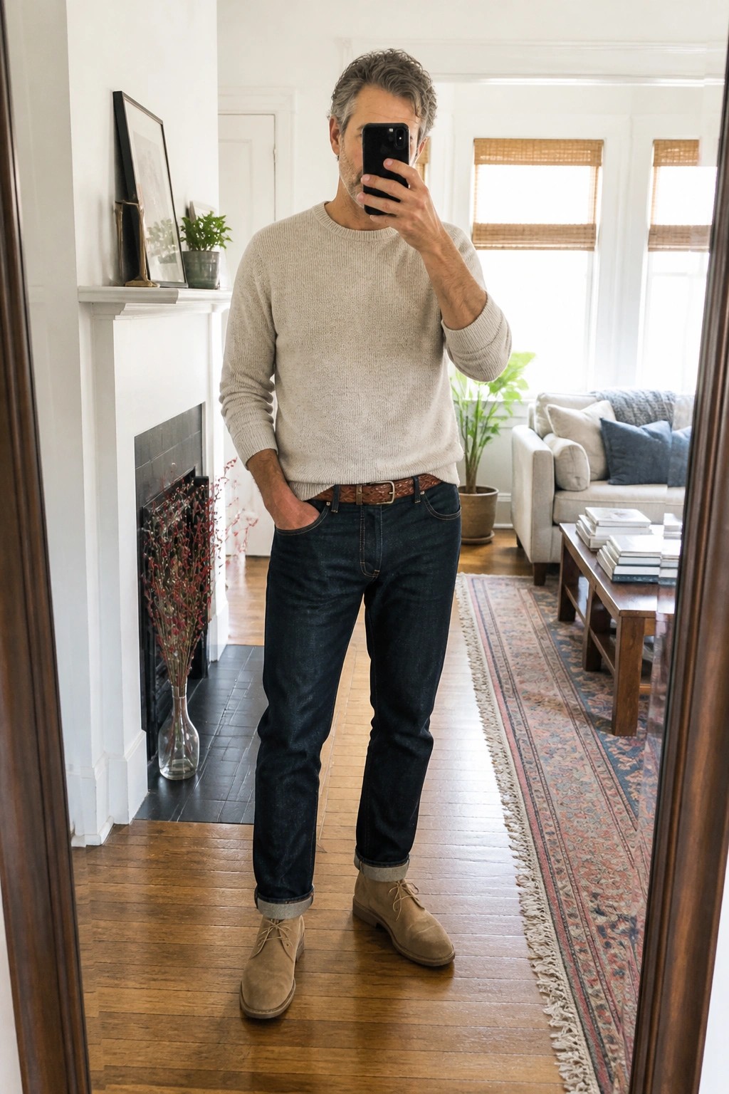 Man in beige sweater and dark jeans taking mirror selfie in living room